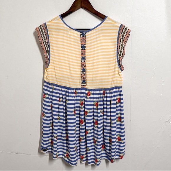 Matilda Jane Top On my Mind Yellow Blue Stripes and Flowers Short Sleeve Tunic M - Picture 3 of 7